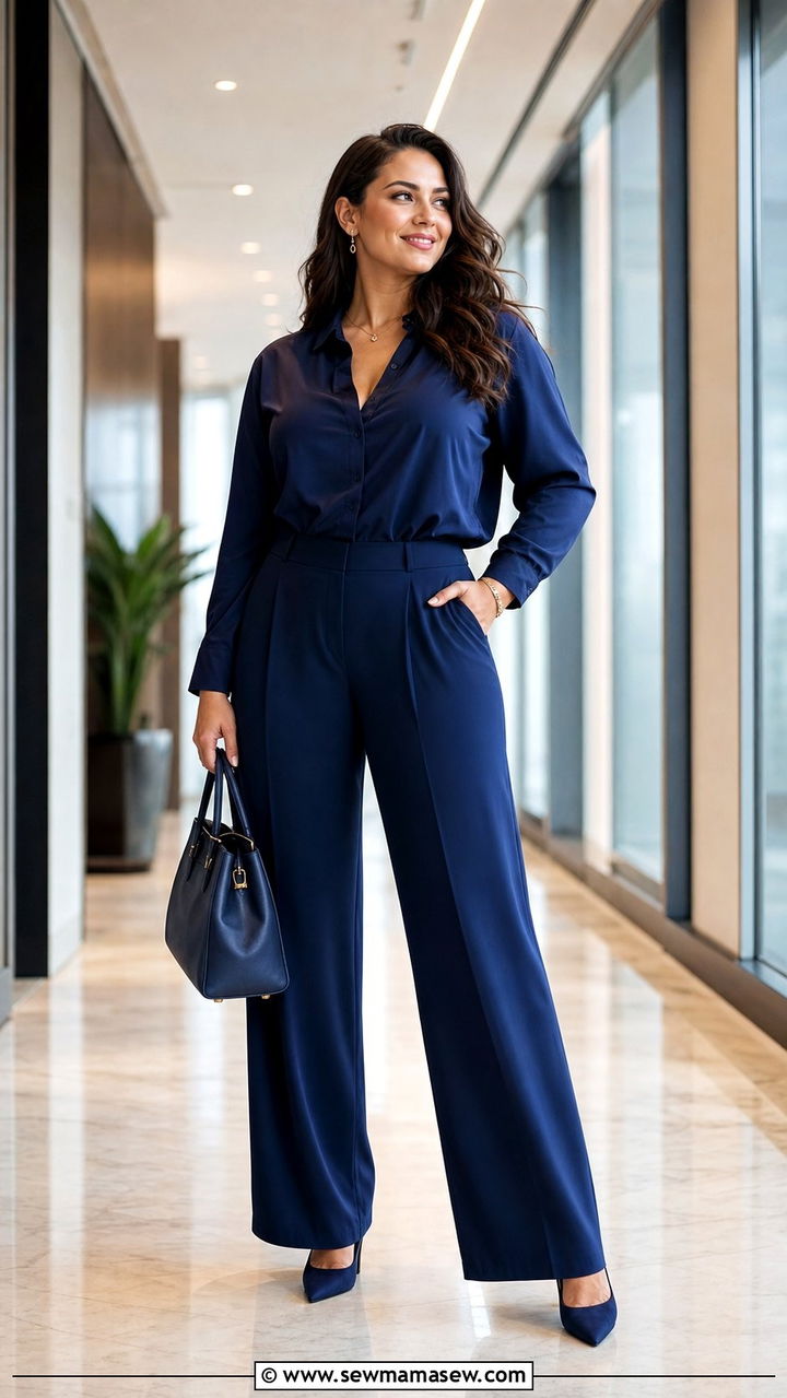 Monochrome Wide Leg Trousers and Silk Blouse Outfit - 35 Business casual outfits for curvy women