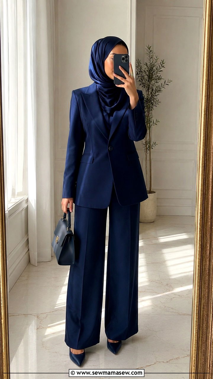 Monochrome WideLeg Pantsuit With Satin Hijab Outfit - 25 work outfits for modest women