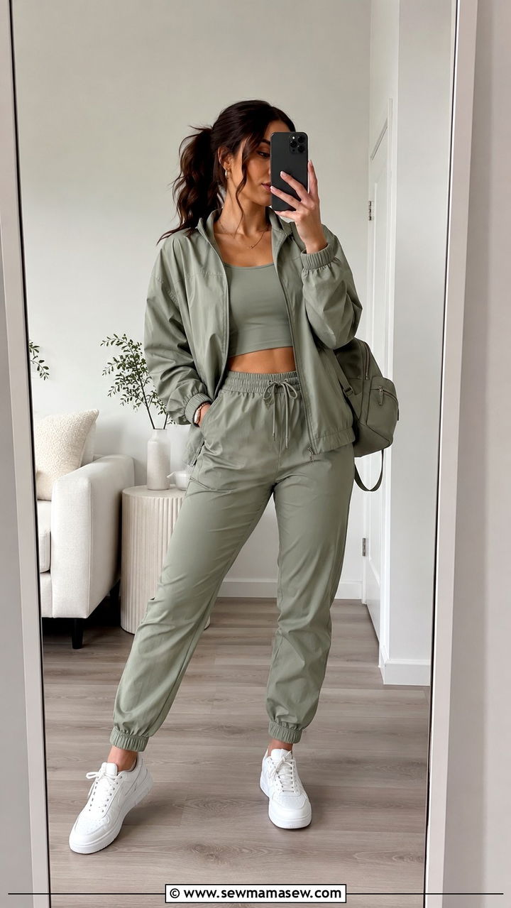 Monochrome Windbreaker Set Outfit With Crop Top and Matching Joggers - 30 cute windbreaker outfits