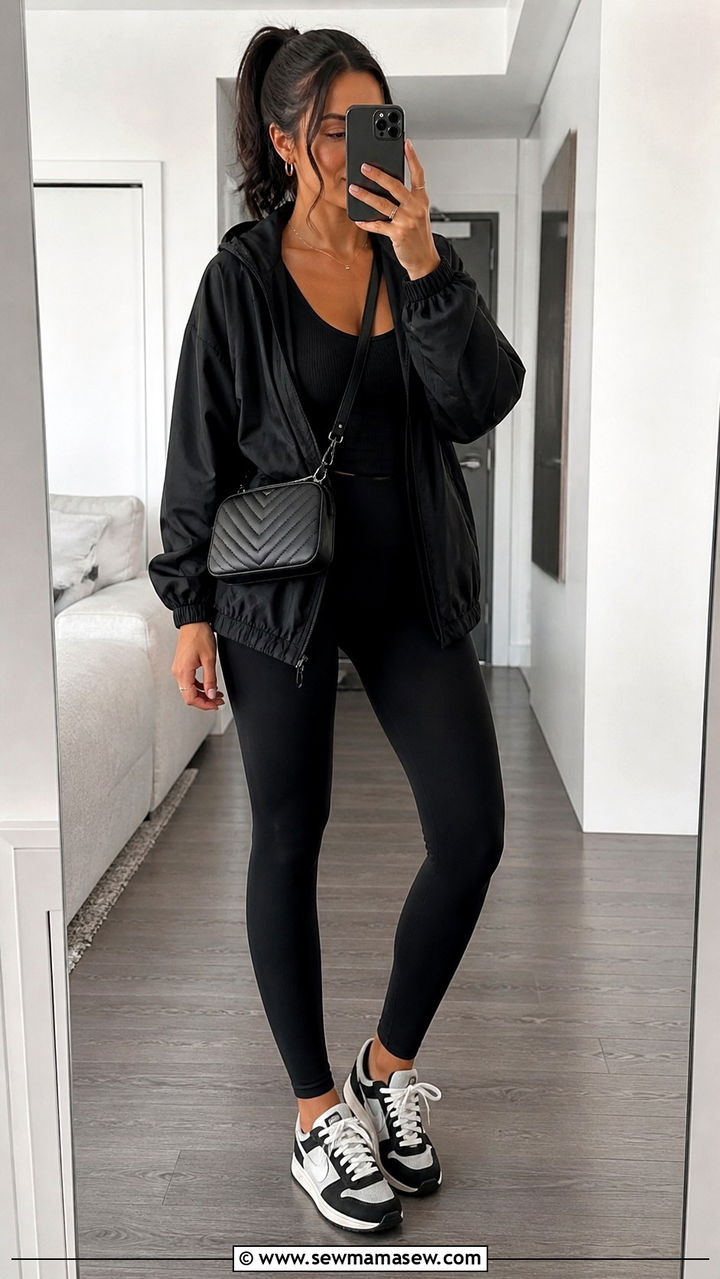 Monochrome all black windbreaker and leggings outfit - 40 windbreaker outfits