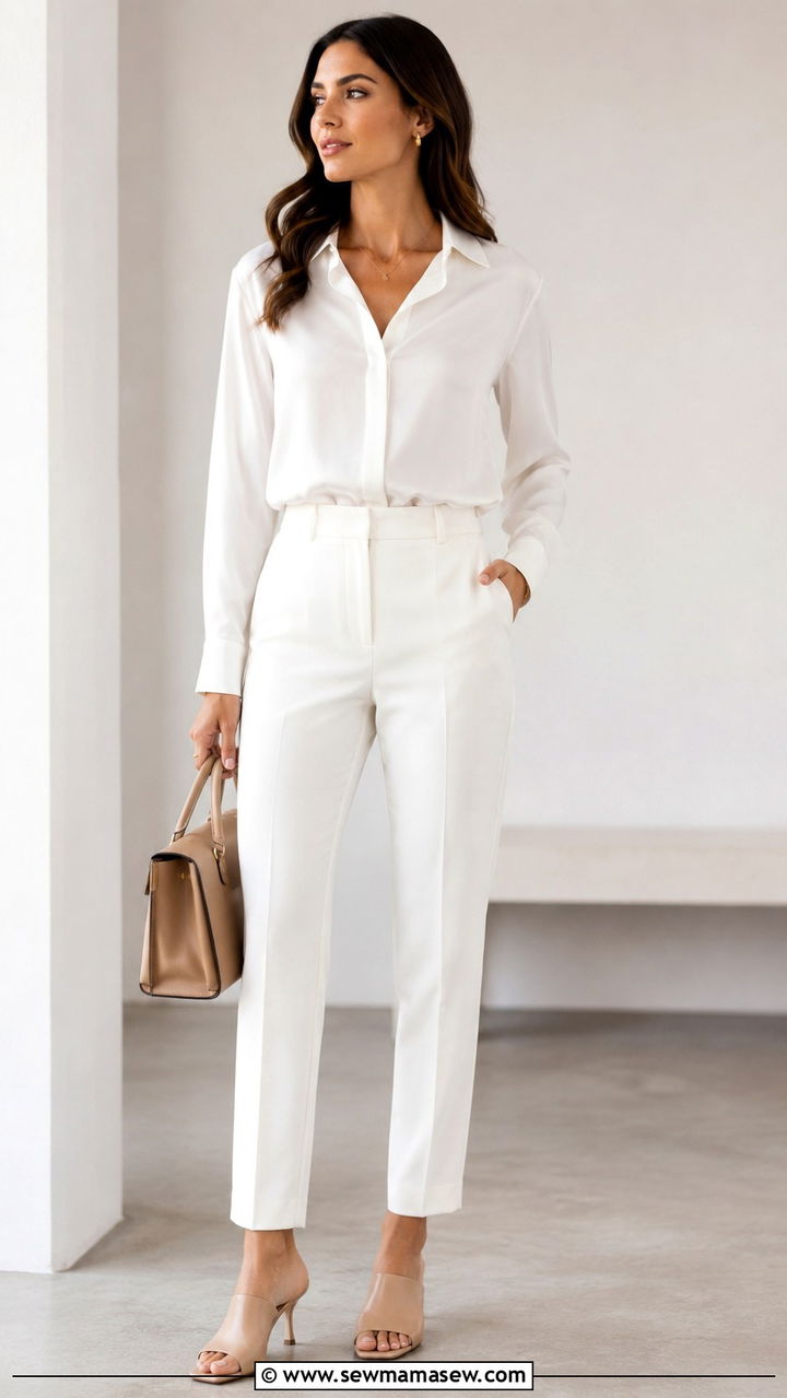 Monochrome all white look with nude mules - 30 Spring capsule wardrobe for work