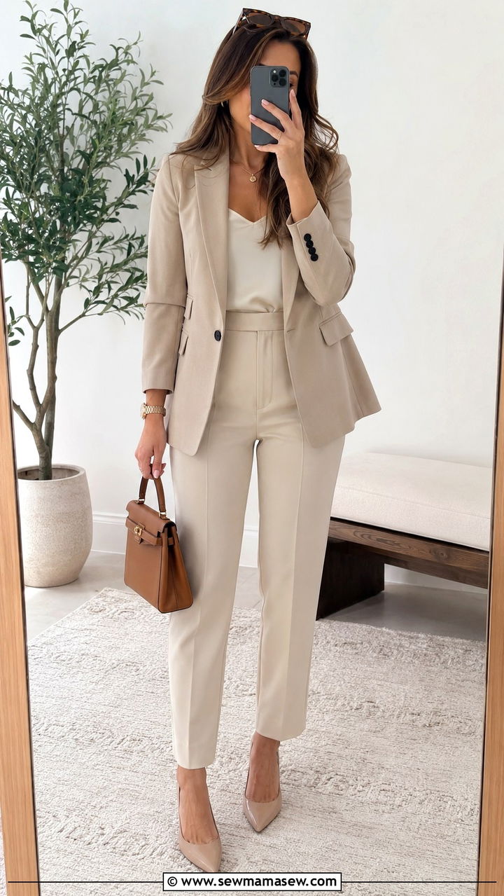 Monochrome beige blazer and trousers outfit - 30 business casual outfits inspo