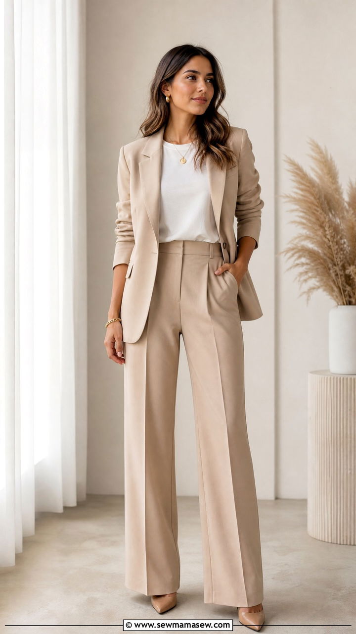 Monochrome beige blazer and trousers - 35 job interview outfit ideas for women