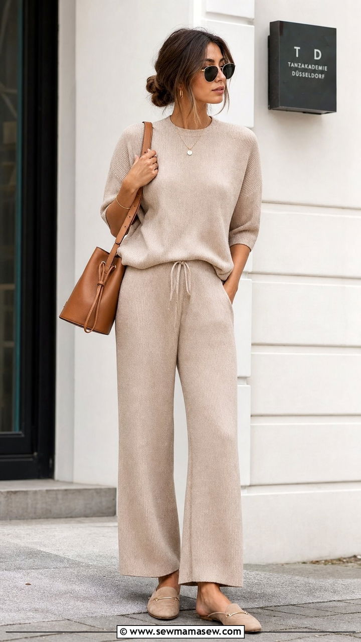 Monochrome beige co ord set with a camel leather bucket bag - 35 Bucket bag outfit ideas