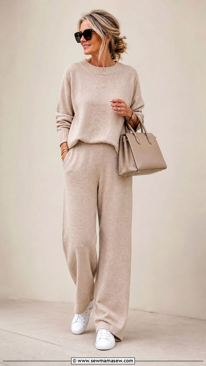 Monochrome beige knit set with white sneakers - 25 model off duty outfit ideas for women over 40