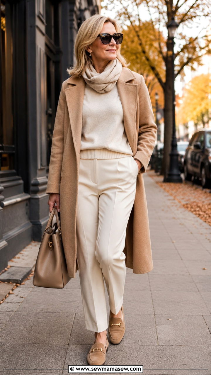 Monochrome beige look with wool coat and loafers - 30 parisian outfit ideas for women over 40