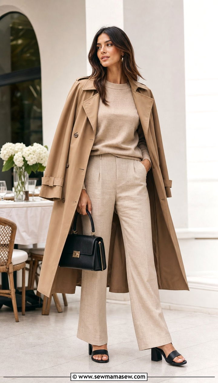 Monochrome beige outfit with black block heel sandals - 25 spring outfits with block heels