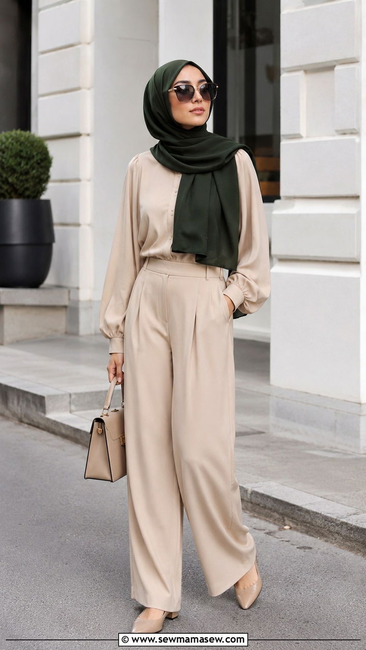 Monochrome beige outfit with contrasting hijab - 25 Vacation outfit ideas Muslim women