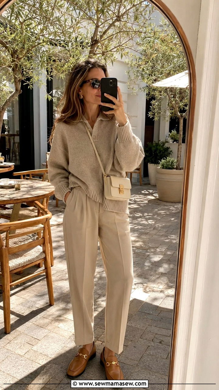 Monochrome beige outfit with loafers - 30 Quiet luxury outfit ideas for brunch