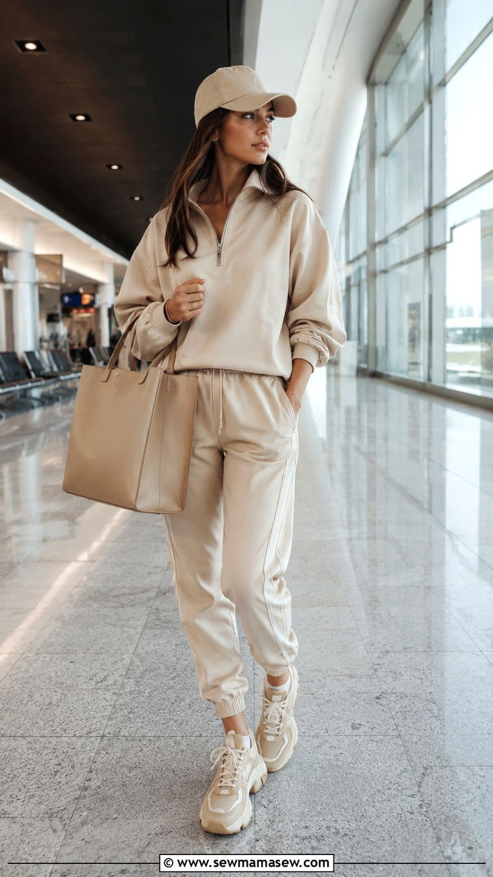 Monochrome beige outfit with sporty accents - 25 Airport outfit ideas for international travel