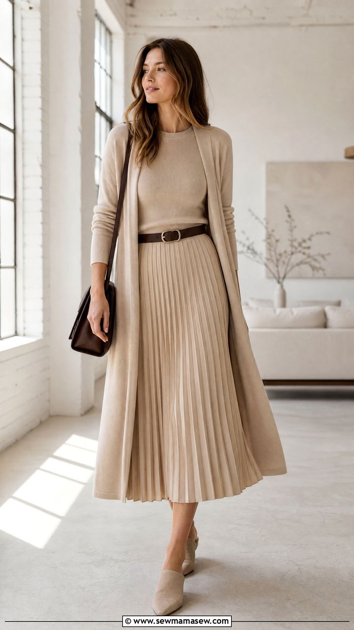 Monochrome beige pleated skirt outfit - 25 spring pleated skirt outfit ideas