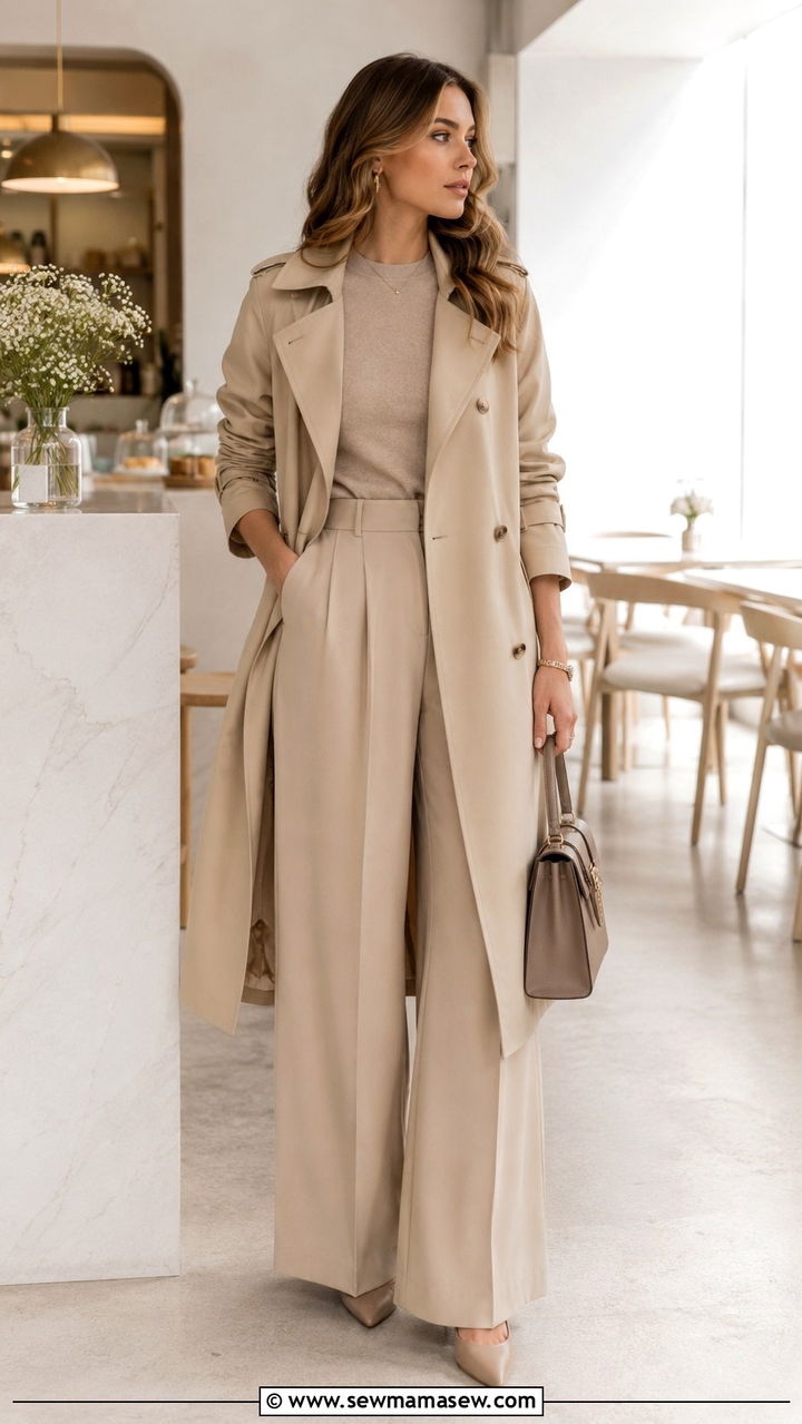 Monochrome beige trench coat with wide leg trousers - 25 Wide leg pants outfit ideas with a trench coat
