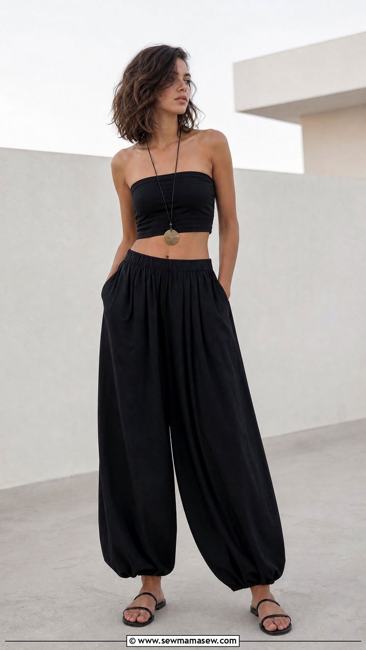 Monochrome black balloon trousers with a bandeau and sandals - 25 how to style balloon pants outfits