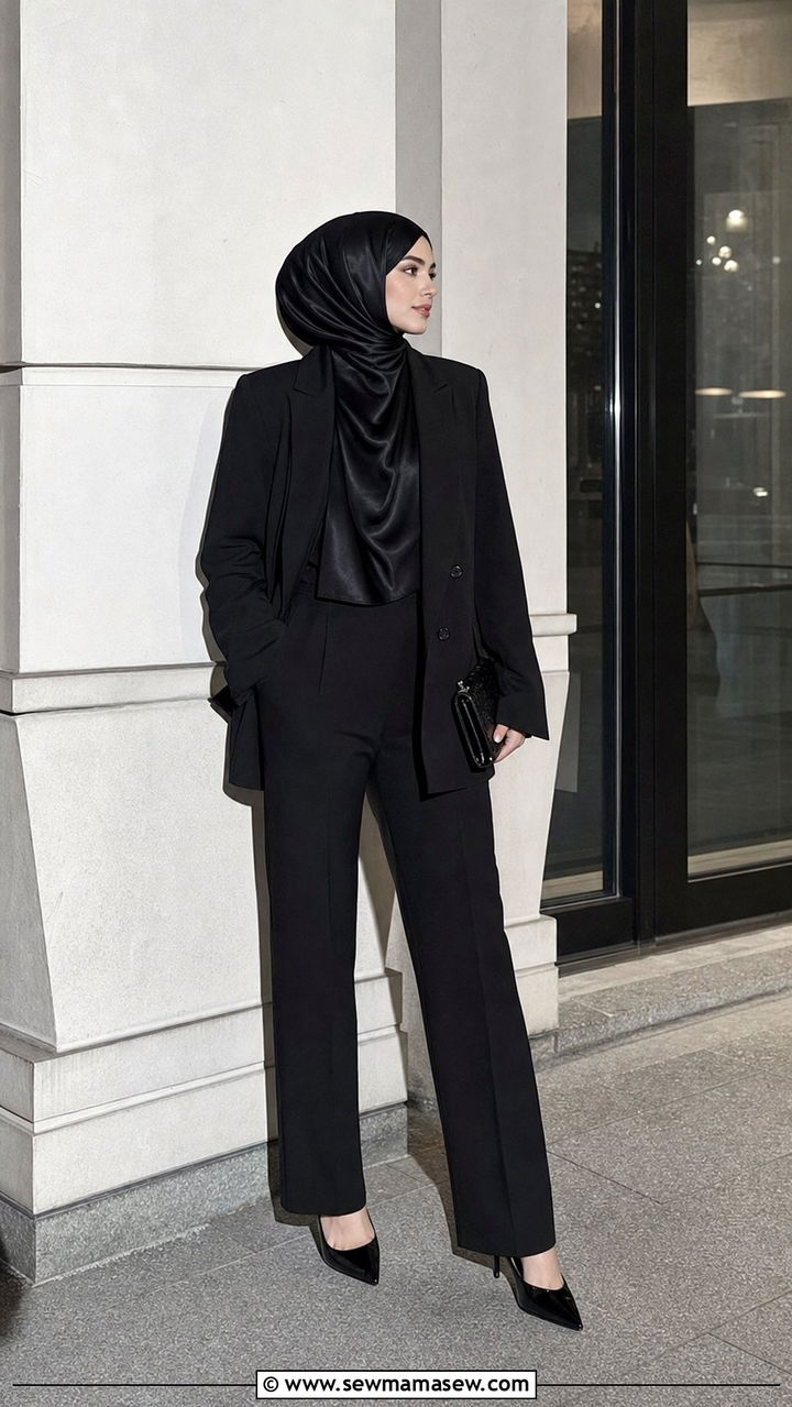 Monochrome black blazer and tailored pants with satin hijab - 25 classy outfits for hijab women