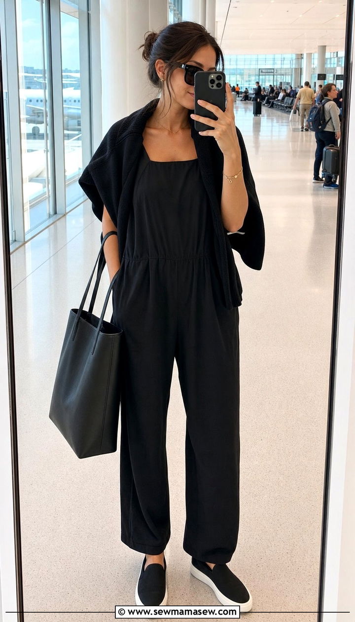 Monochrome black jumpsuit airport outfit - 35 airport outfits 2026