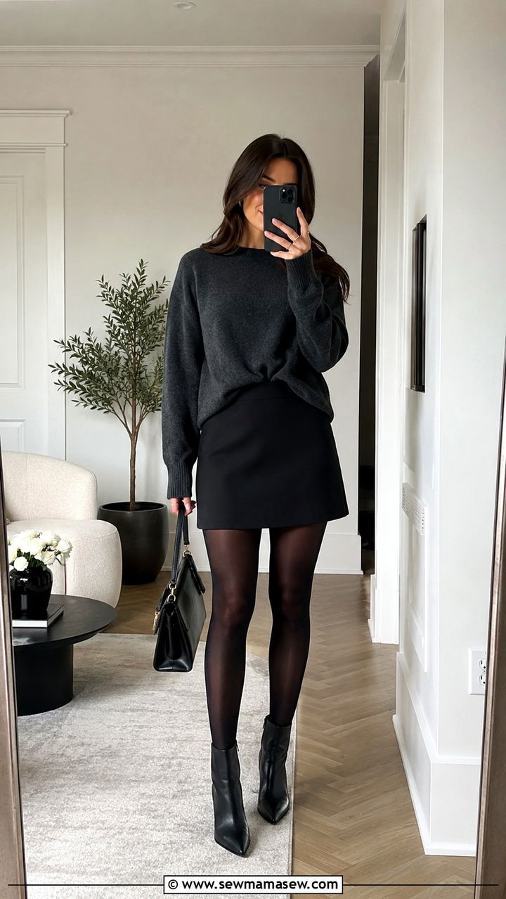 Monochrome black mini skirt with grey sweater - 30 Mini skirt outfit ideas for work