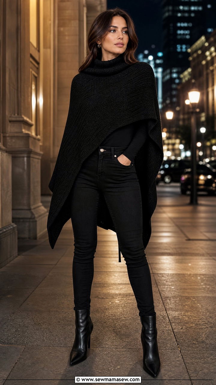 Monochrome black poncho with black jeans and boots - 40 Poncho outfit ideas