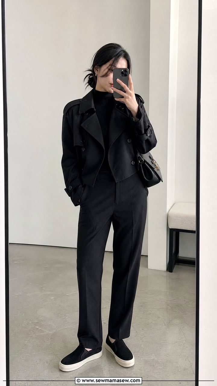 Monochrome black travel outfit for petite women - 25 Petite travel capsule wardrobe