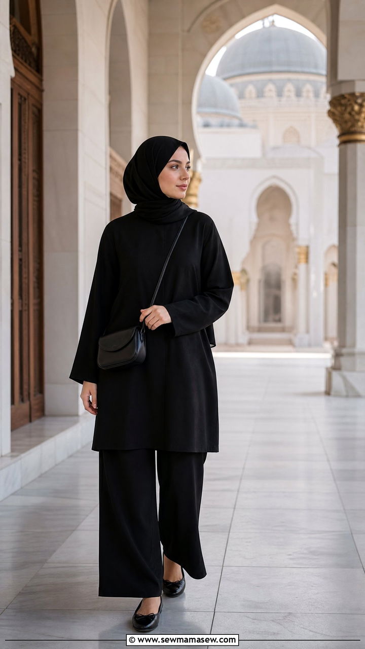 Monochrome black tunic and wide trousers outfit for mosque visits - 25 Cairo outfit ideas