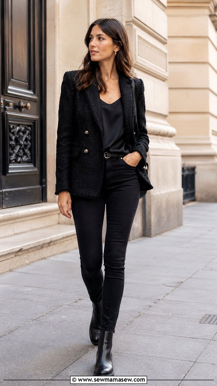 Monochrome black tweed blazer with black jeans - 25 Tweed blazer outfit ideas with jeans