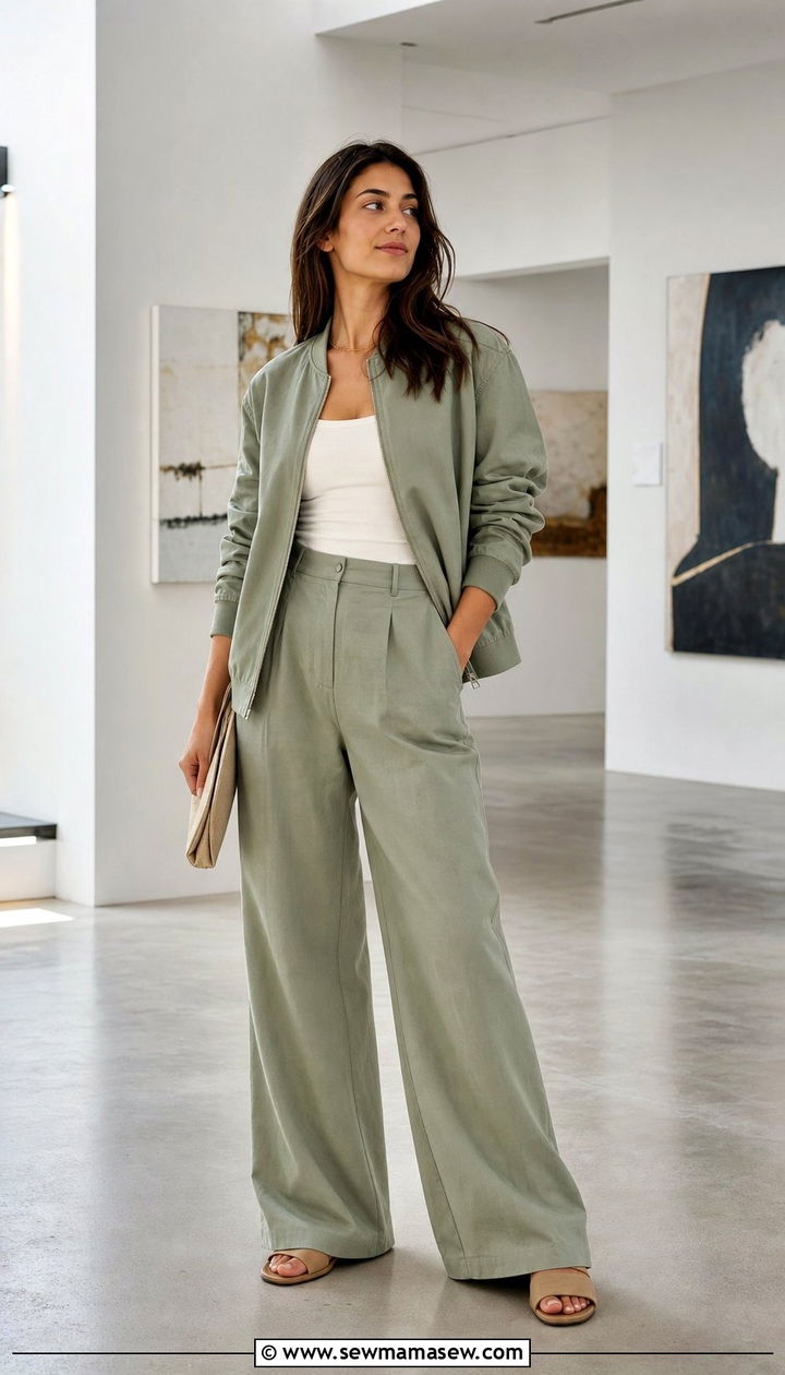 Monochrome bomber jacket with matching wide leg pants - 25 Spring outfits with bomber jackets
