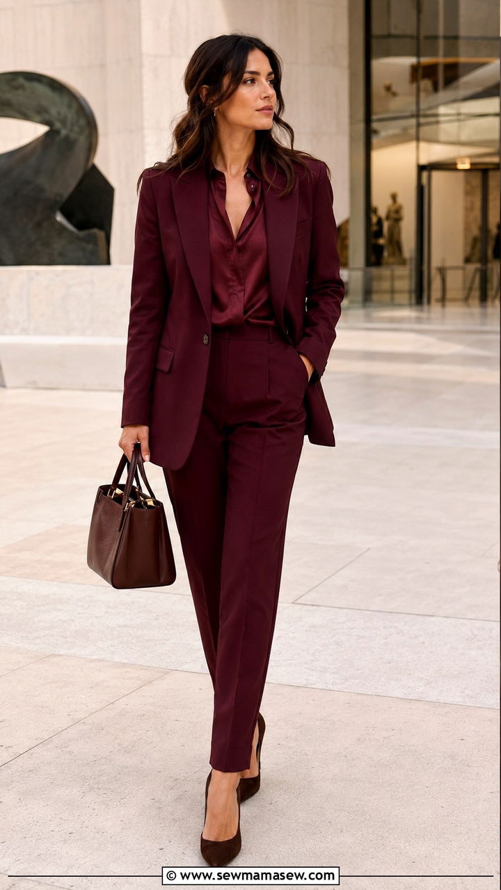 Monochrome burgundy suit outfit - 20 Quiet luxury outfit ideas Kate Middleton