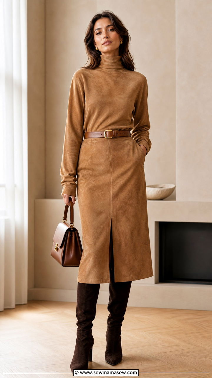 Monochrome camel suede outfit with matching top and knee high boots - 30 Suede skirt outfit ideas