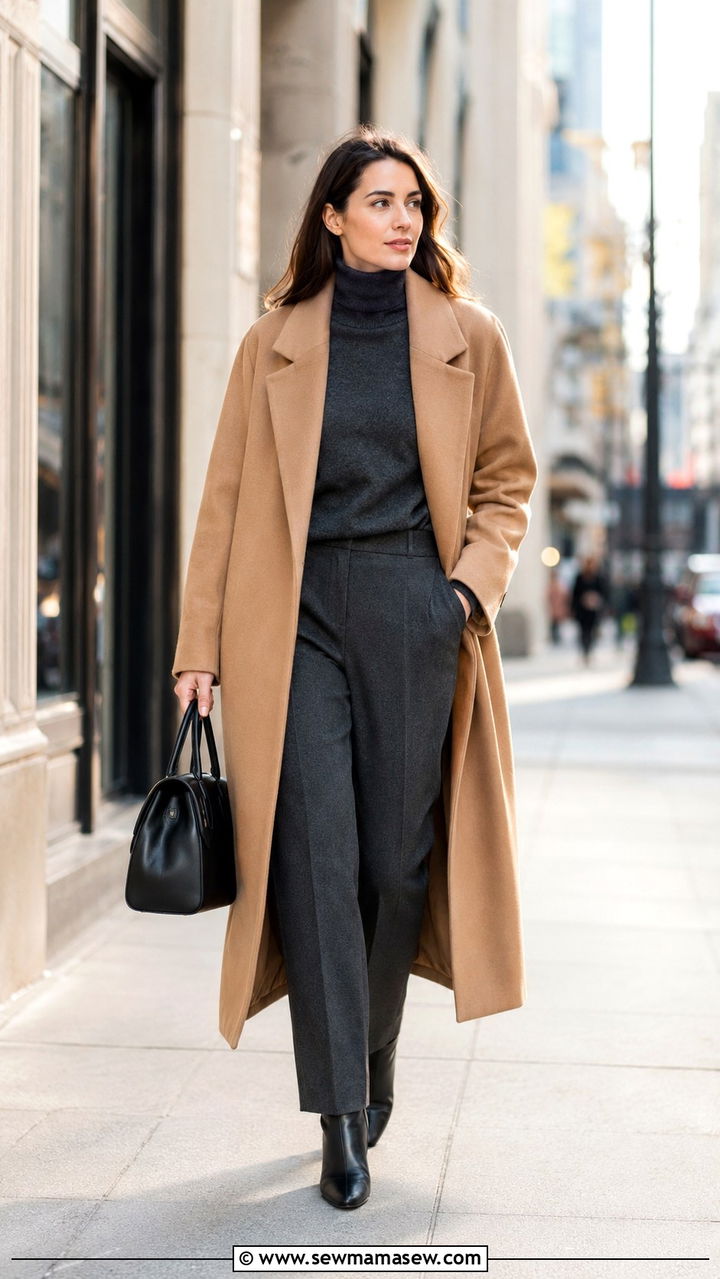 Monochrome column with statement coat outfit - 30 Law firm outfit ideas