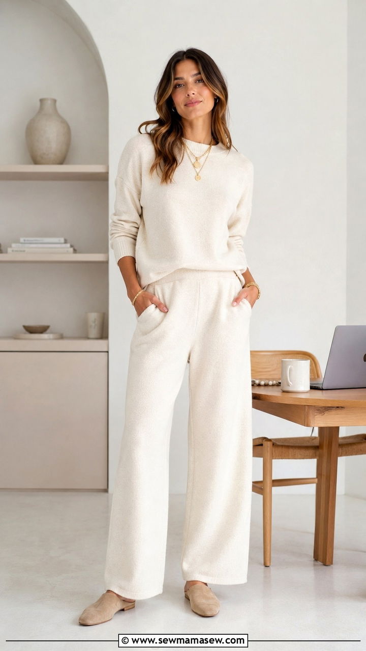 Monochrome cream knit set with gold accessories - 30 Spring outfit ideas for work from home
