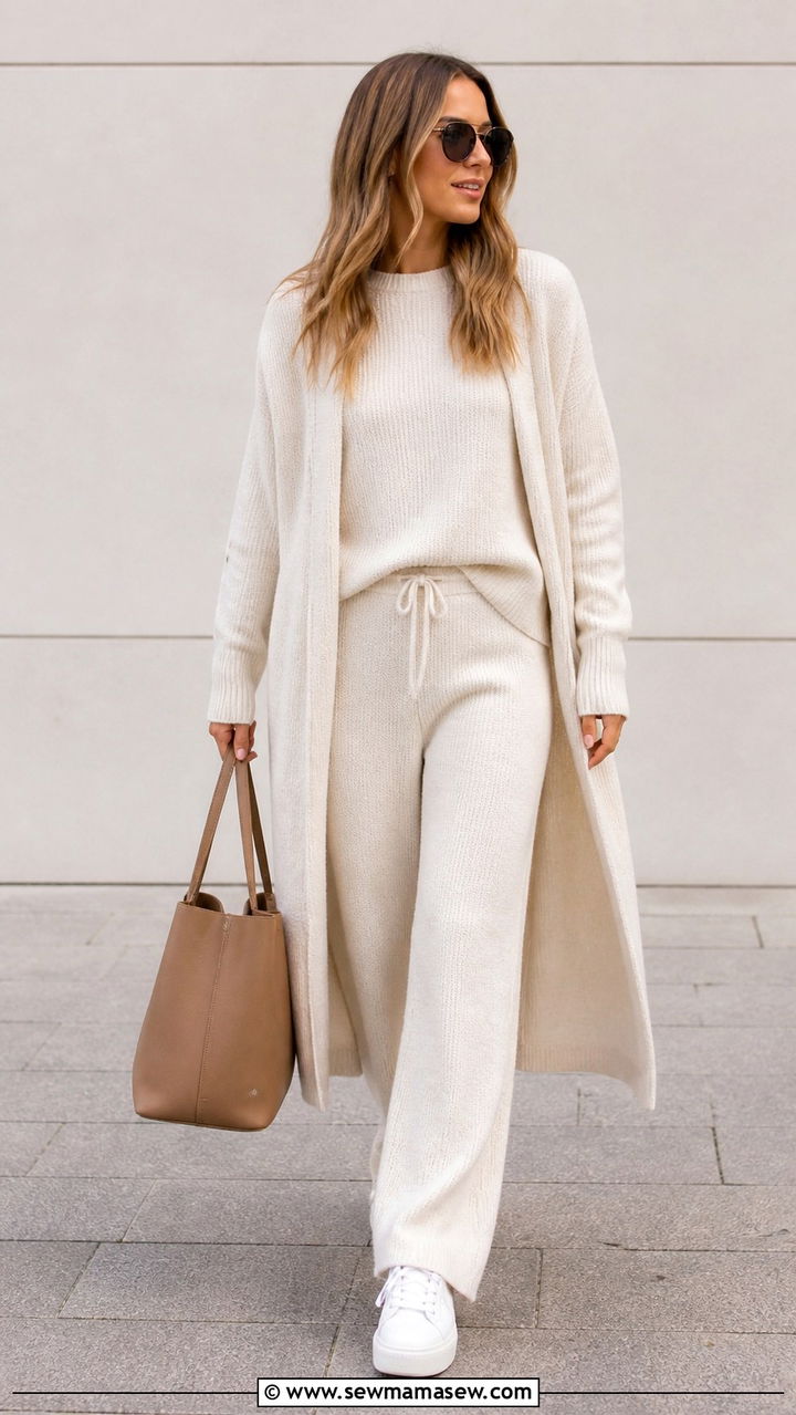 Monochrome cream matching knit set - 40 Business trip outfit ideas