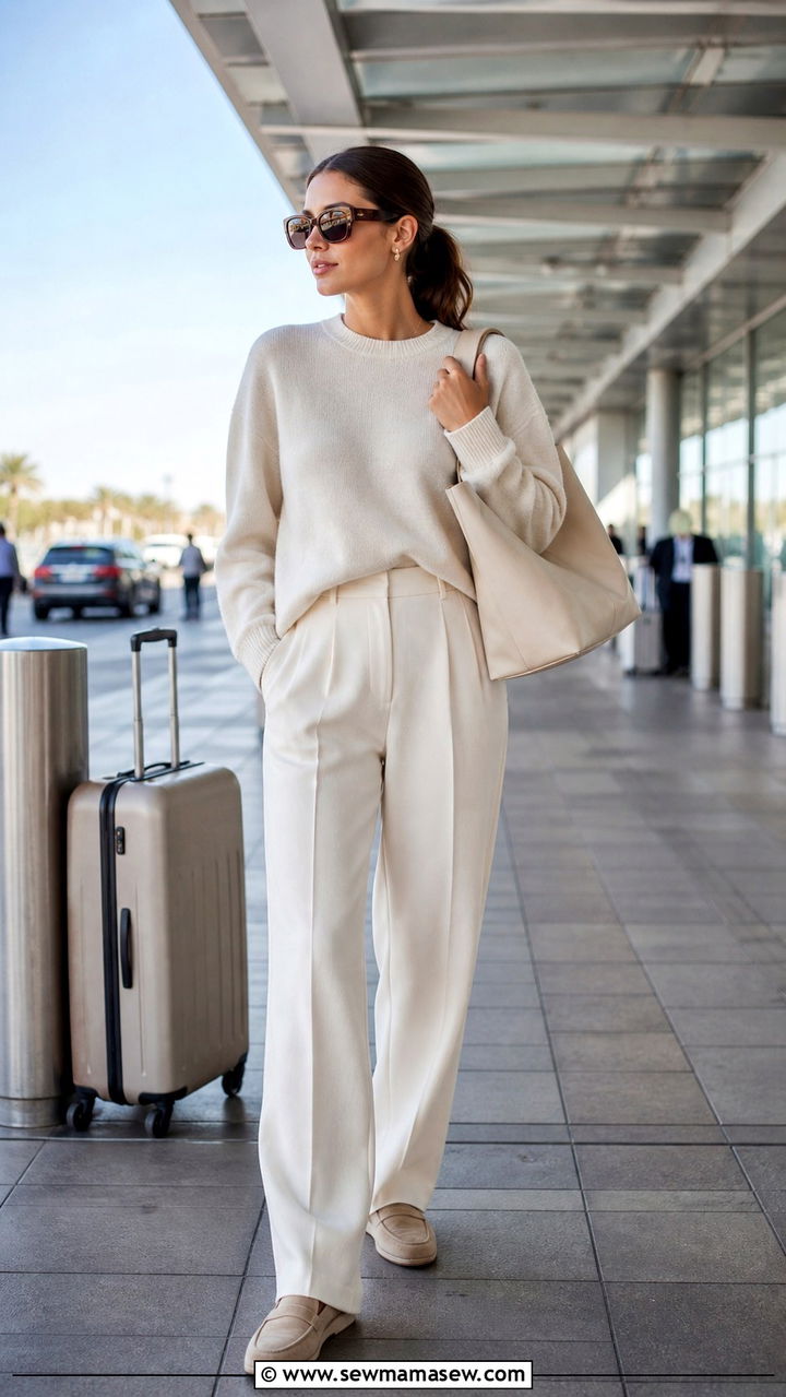 Monochrome cream outfit with loafers long flight - 40 Long flight outfit ideas
