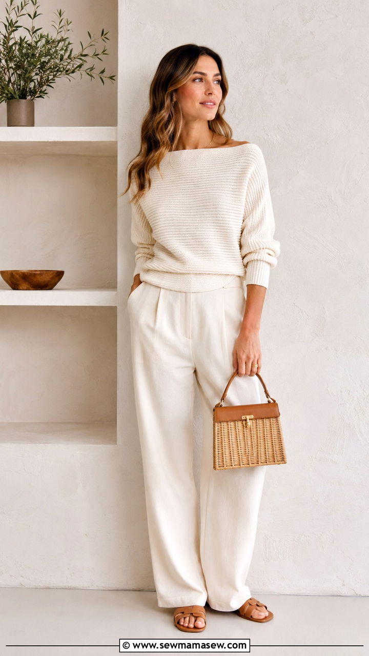 Monochrome cream outfit with relaxed straight leg pants - 30 Spring outfits with light sweaters