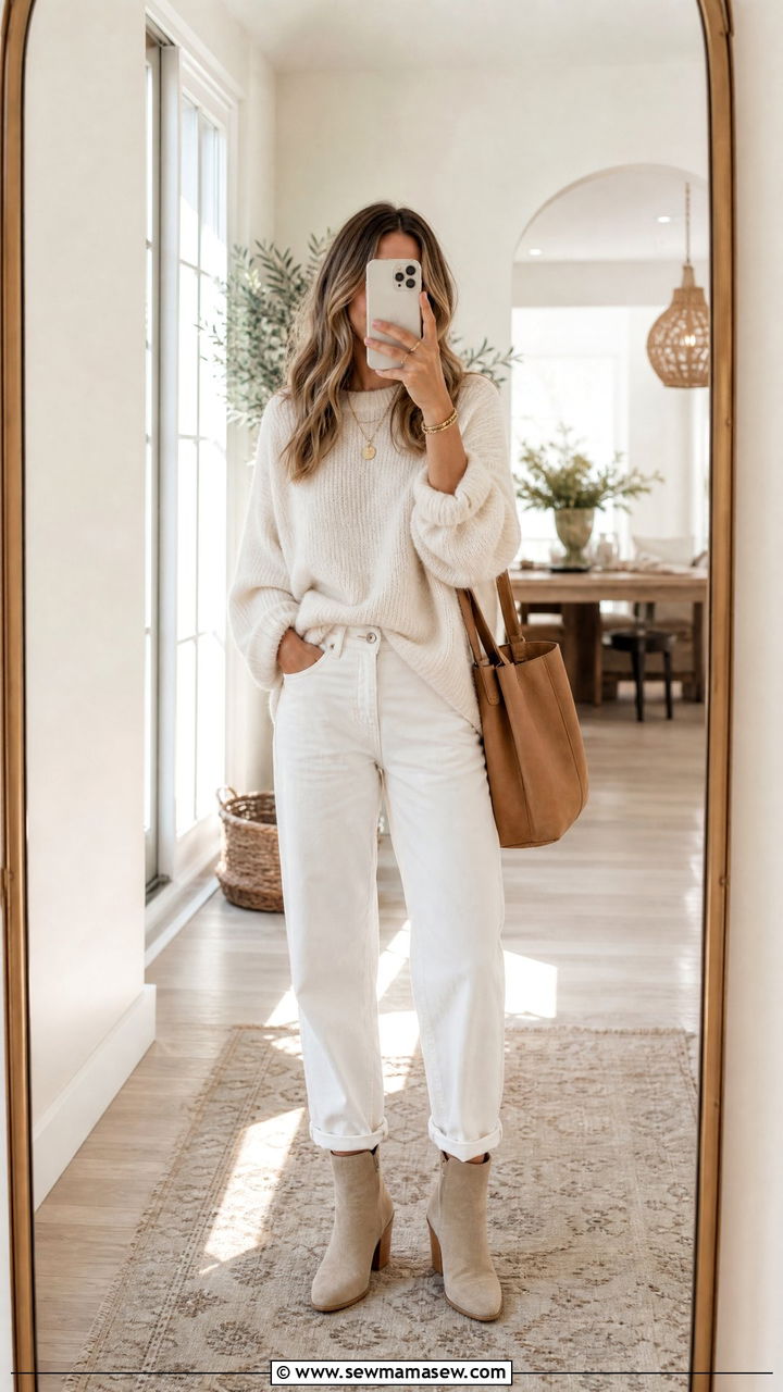Monochrome cream sweater with boyfriend jeans and beige boots - 25 Boyfriend jeans outfit ideas with a sweater
