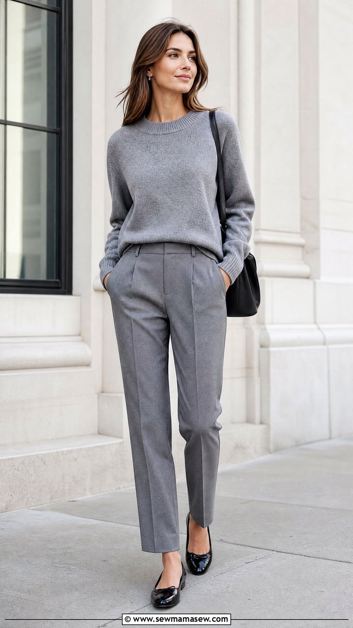 Monochrome gray outfit with black patent flats - 25 Business casual outfits with flats