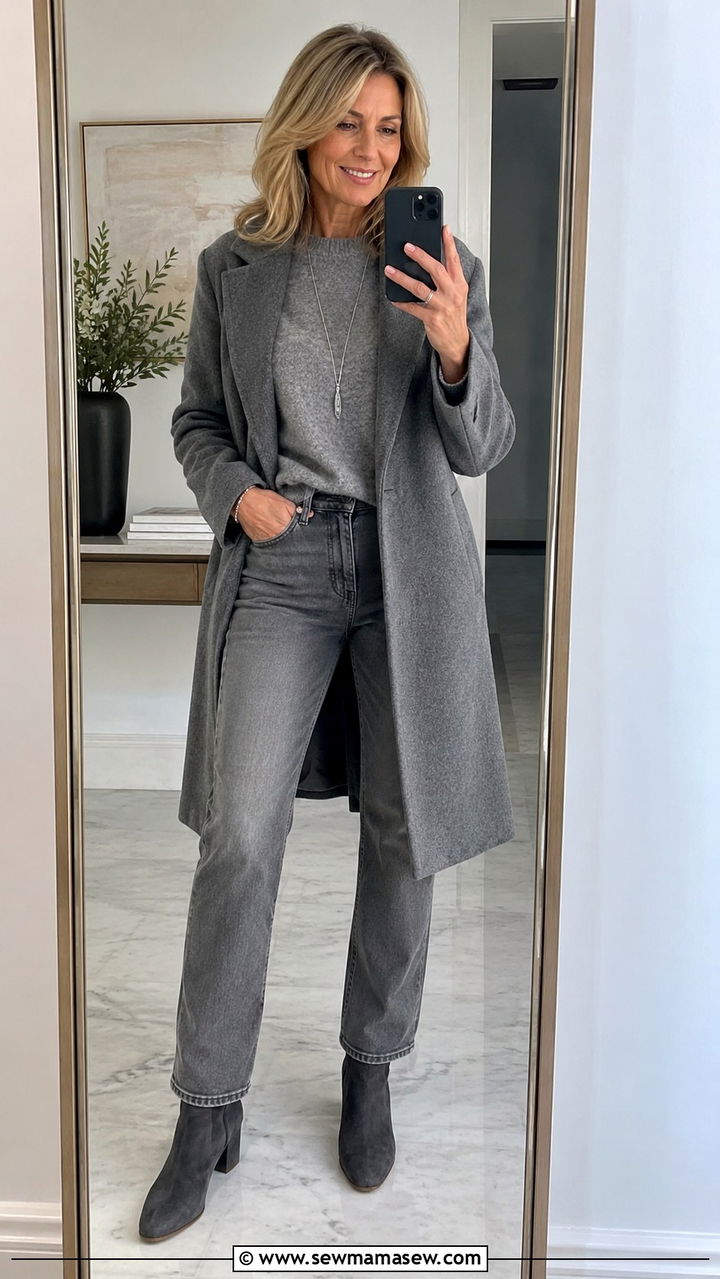 Monochrome gray outfit with charcoal boots - 20 Jeans and boots outfit ideas over 50