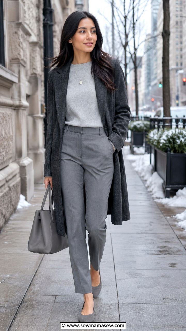 Monochrome gray sweater trousers and coat - 30 modest job interview outfit ideas