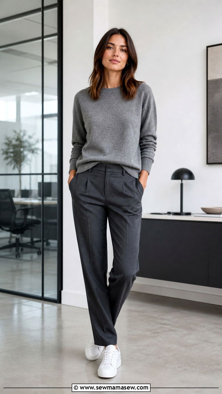 Monochrome gray sweater with matching tailored trousers and white sneakers outfit - 40 New job outfit ideas