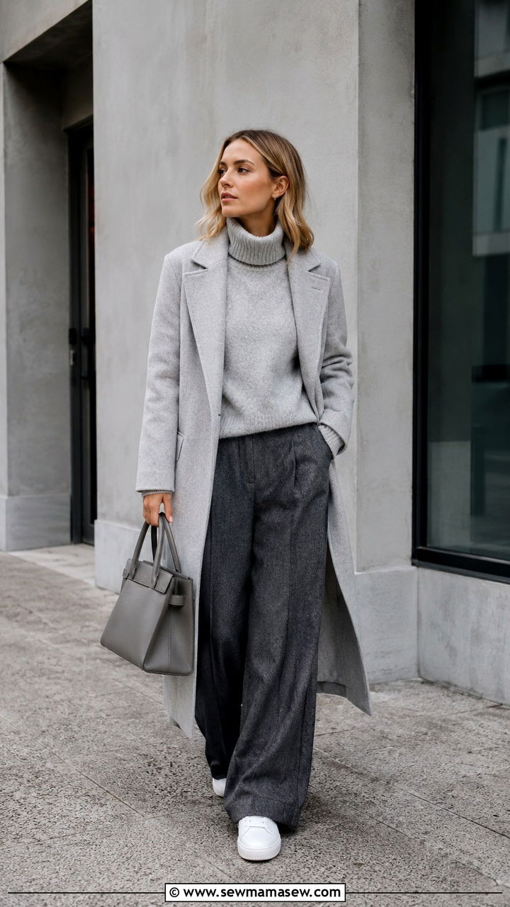 Monochrome gray wool coat with wide leg trousers - 25 Scandinavian cozy outfit ideas