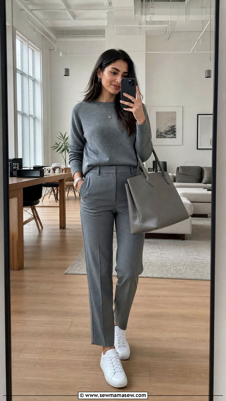 Monochrome grey outfit with white sneakers - 35 Job interview outfits for women