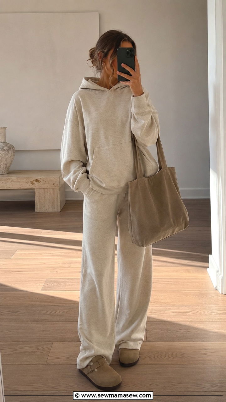 Monochrome hoodie and wide leg trousers set - 30 Hoodie outfit ideas for women 2026