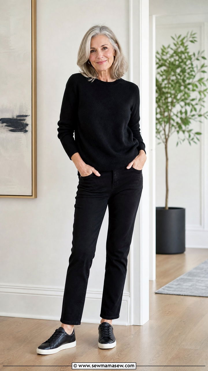 Monochrome jeans and sneakers outfit - 35 Jeans and sneakers outfit ideas over 50