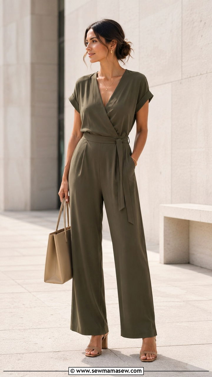 Monochrome jumpsuit with structured tote outfit - 30 Spring outfits to hide belly fat