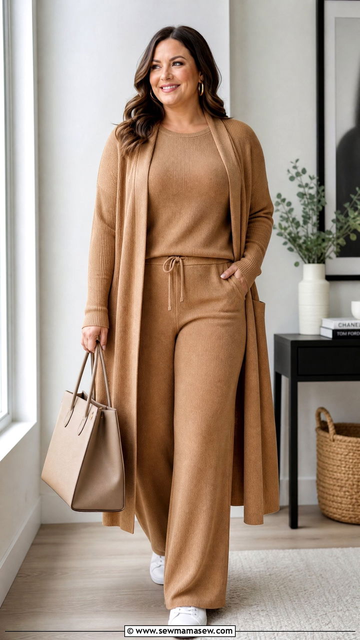 Monochrome knit set and duster cardigan outfit for tummy - 25 casual outfits for women with tummy