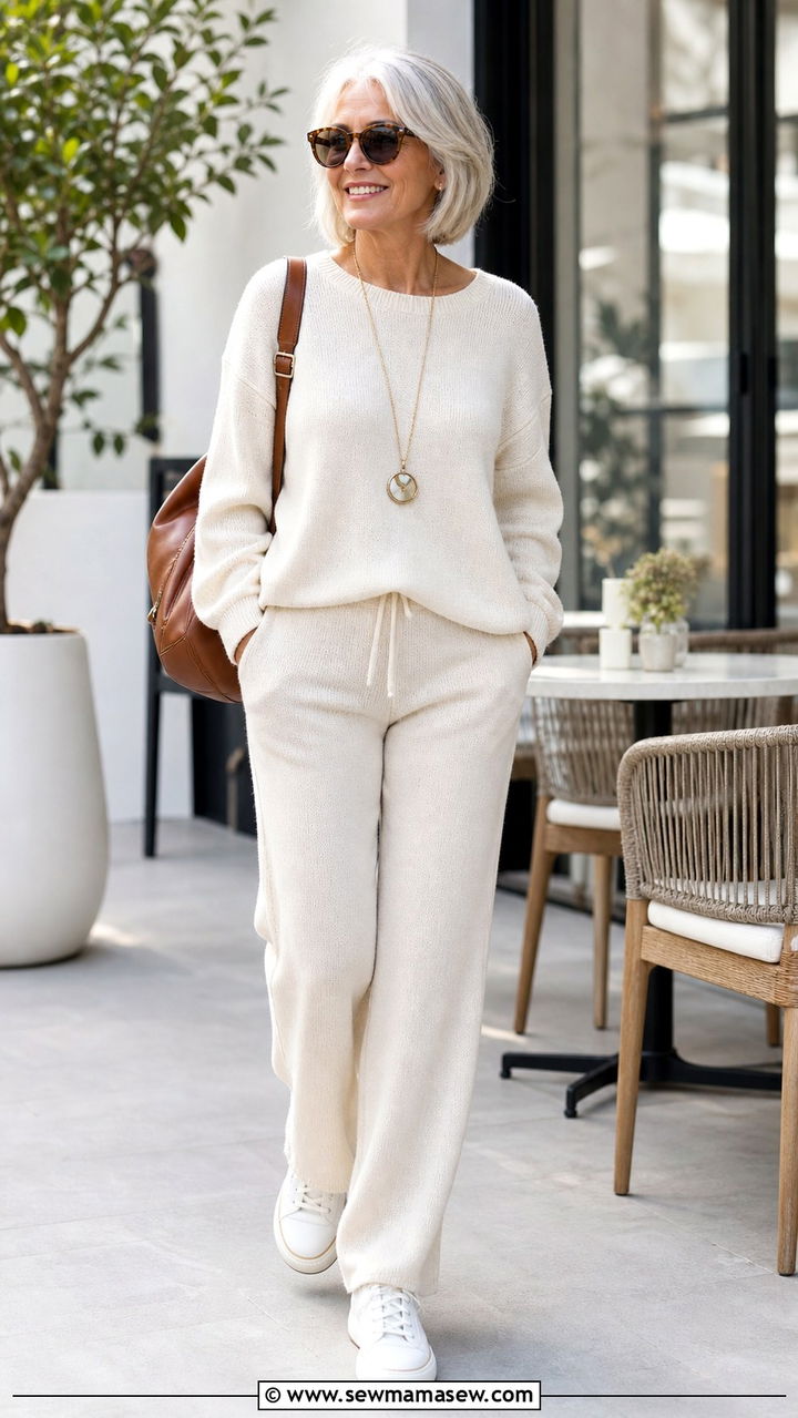 Monochrome knit set and white sneakers outfit for women over 60 - 40 How to dress in your 60s