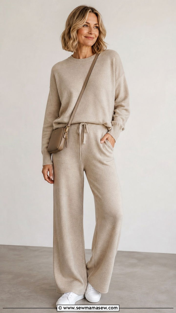 Monochrome knit set with clean white sneakers - 40 Outfit ideas for women over 40