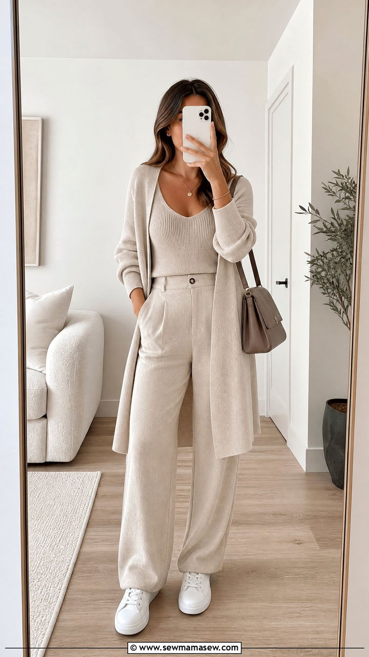 Monochrome knit set with longline cardigan - 25 casual outfits for short torso women