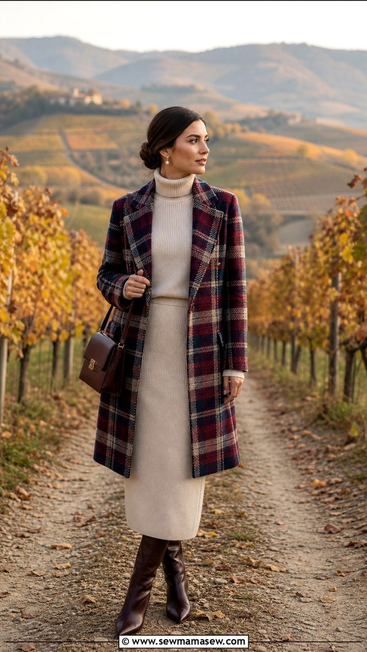 Monochrome knit set with plaid coat - 40 Italy outfits