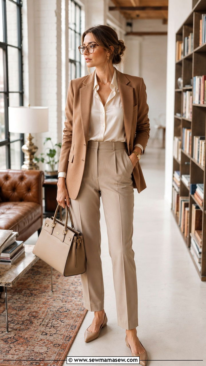Monochrome librarian outfit in neutrals - 30 librarian core outfits ideas