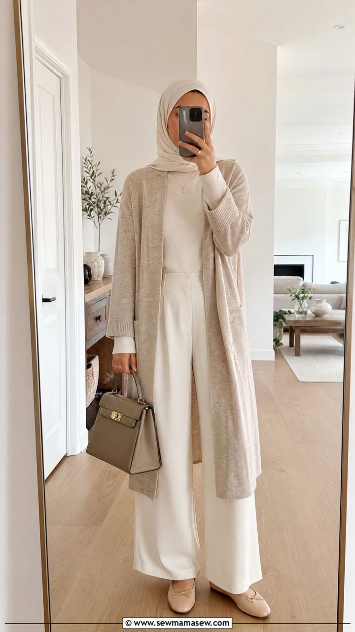 Monochrome look with layered open cardigan - 30 Modest capsule wardrobe 2026