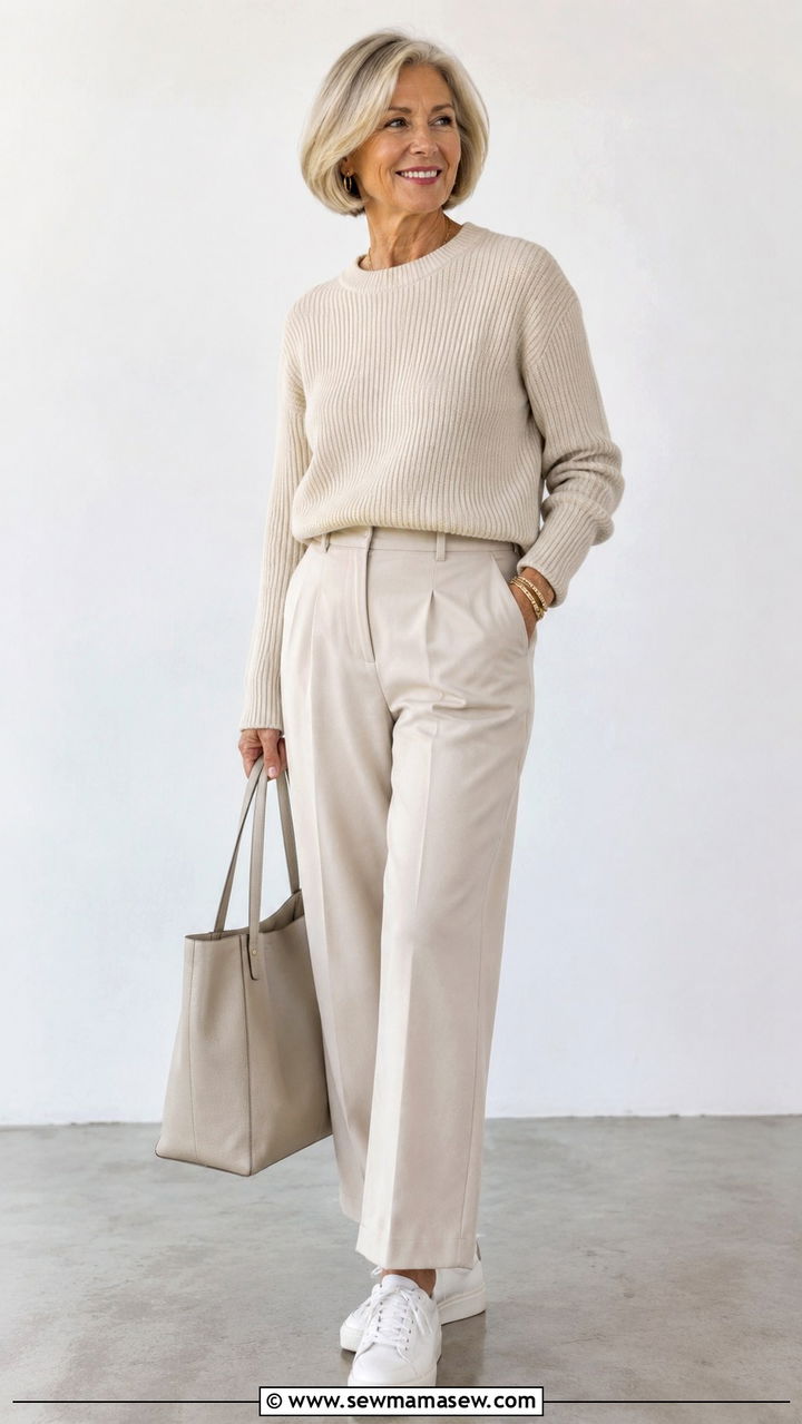 Monochrome neutral knit set with tailored trousers - 30 Chic outfits for women over 60